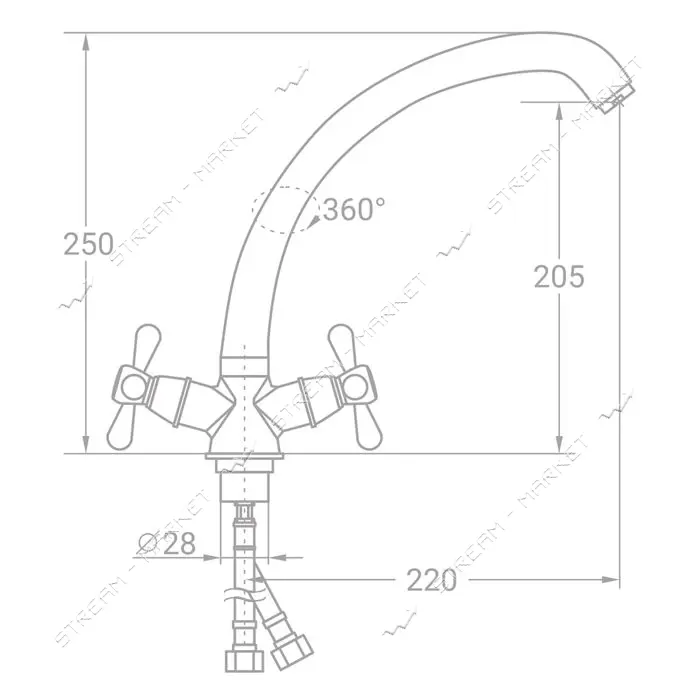 Смеситель для кухни Aquatica Tau 9885130 VN-4B460C гусак ухо на гайке кран-букса 1/2"