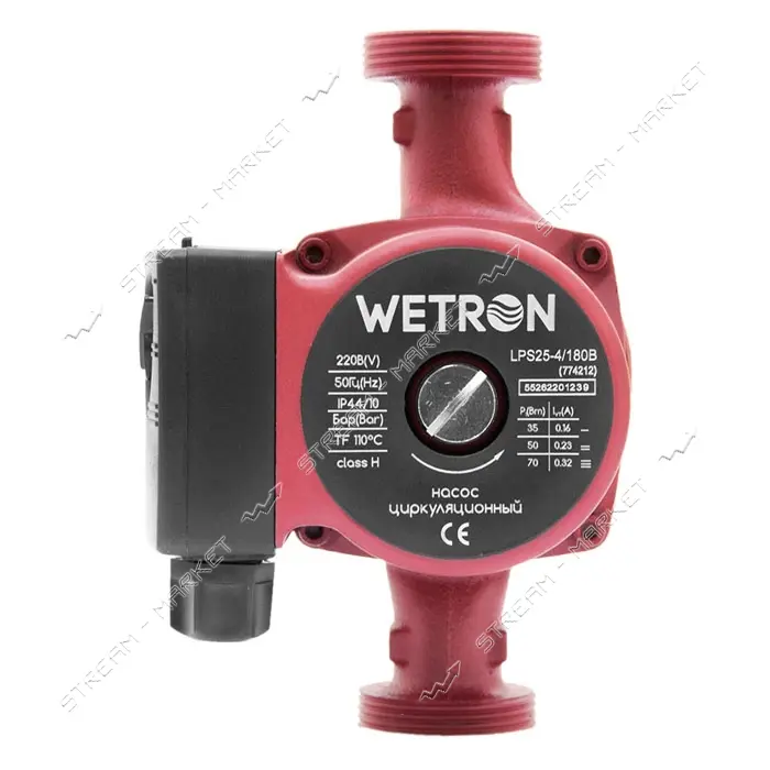 Насос циркуляционный Wetron 774212 75Вт Hmax 4м Qmax 40л/мин d1 1/2" 180мм плюс гайки d 1" бордо    