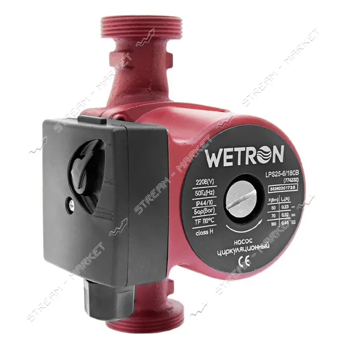 Насос циркуляционный Wetron 774232 100Вт Hmax 6м Qmax 50л/мин d1 1/2" 180мм плюс гайки d 1" бордо   