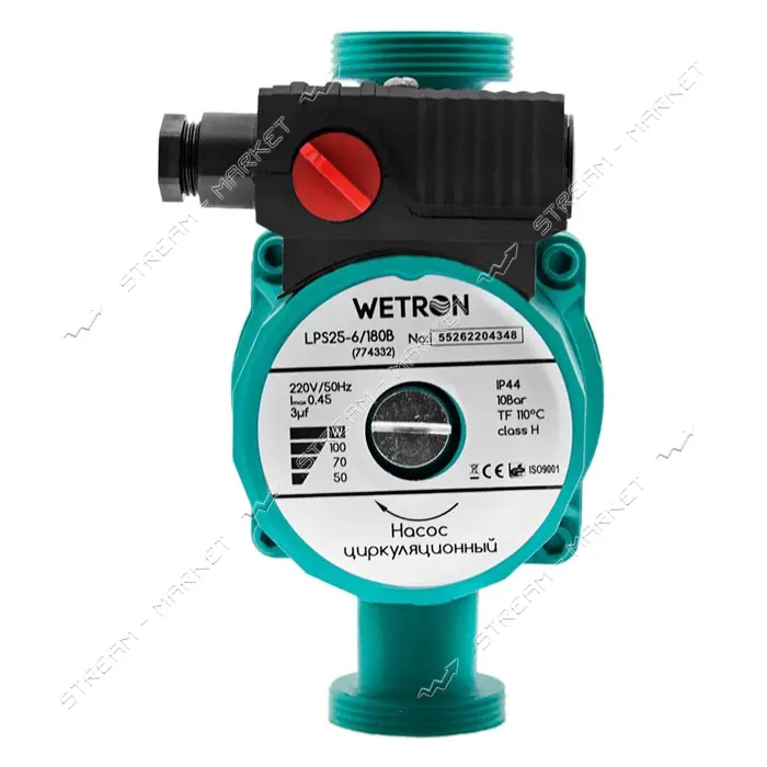 Насос циркуляционный Wetron 774312 75Вт Hmax 4м Qmax 40л/мин d1 1/2" 180мм плюс гайки d 1" зеленый