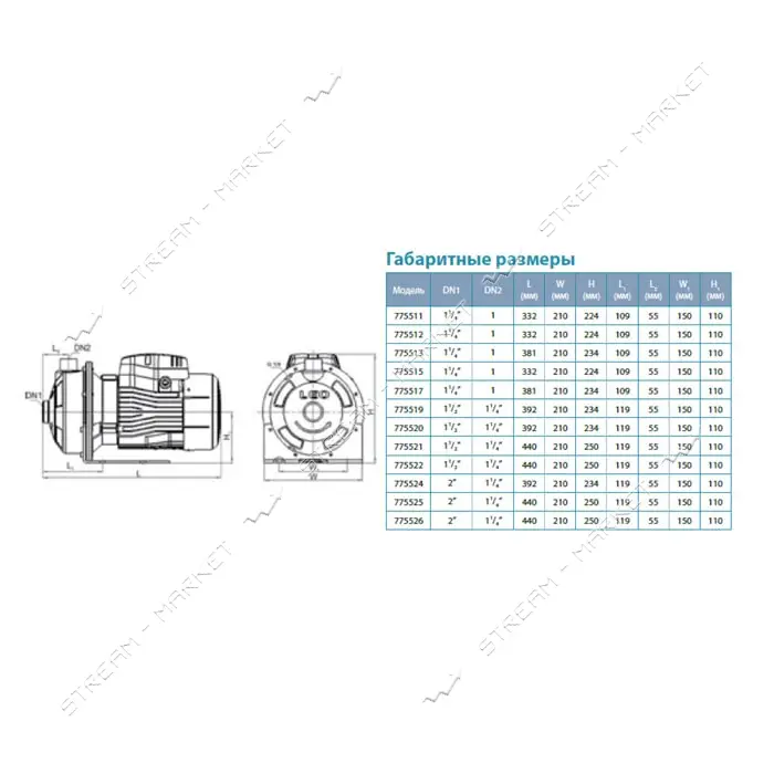 Насос центробежный поверхностный Aquatica Leo 3.0 775519 0.75кВт Hmax 16.8м Qmax 300л/мин нержавейка