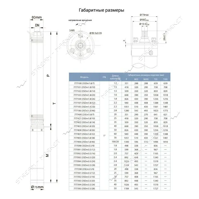 Насос центробеж. погружной Aquatica Dongyin 777393 1.1кВт H 77 57м Q 90 60л/мин d80мм кабель 35М