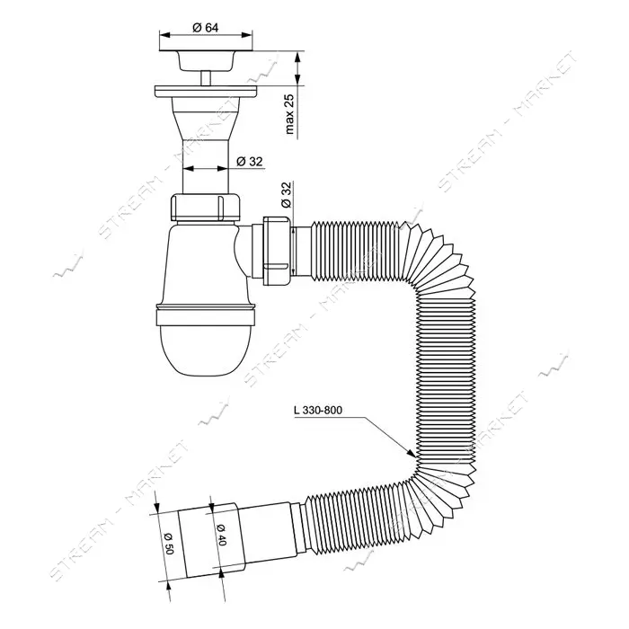Сифон для раковины Aquatica TAU с нержавеющим выпуском 1 1/4" с гибкой трубой 32/50                 