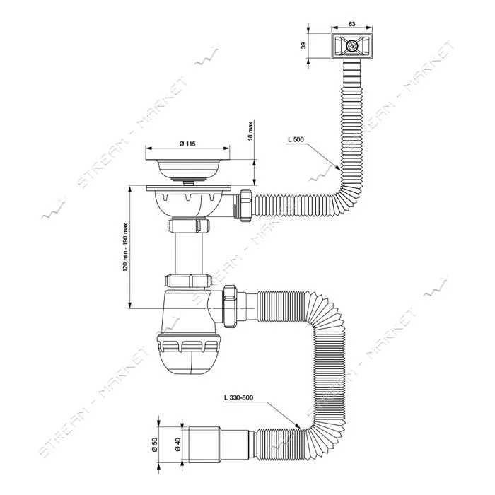 Сифон для мойки Aquatica TAU квадратный перелив нерж выпуск 3 1/2" с гибкой трубой 40/50            