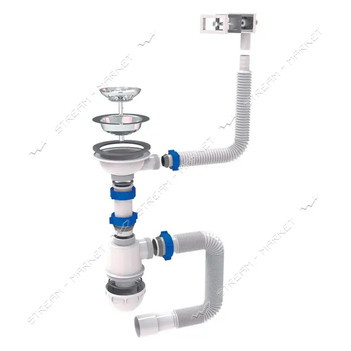 Сифон для мойки Aquatica TAU квадратный перелив нерж выпуск 3 1/2" с гибкой трубой 40/50            