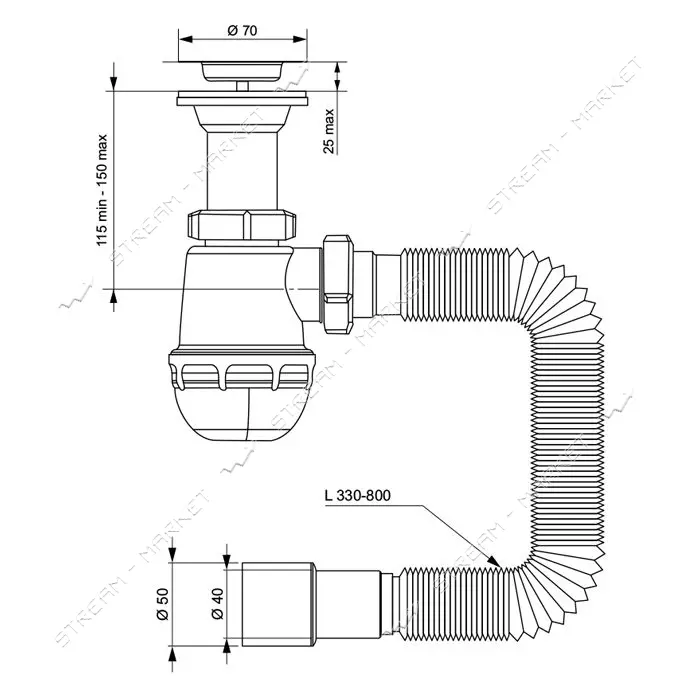 Сифон для мойки Aquatica TAU с нержавеющим выпуском 1 1/2" с гибкой трубой 40/50