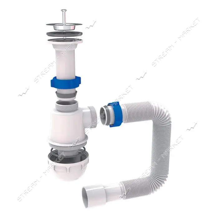 Сифон для мойки Aquatica TAU с нержавеющим выпуском 1 1/2" с гибкой трубой 40/50
