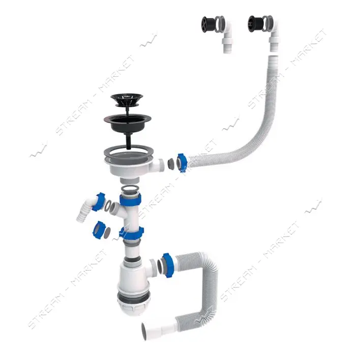 Сифон для мойки плюс стиралка Aquatica TAU круглый перелив пластик выпуск 3 1/2"х40/50 черный       