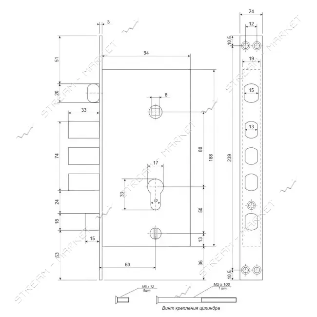 Замок врезной Apecs T-0523-C-CR-L Т5Dлевый                                                          