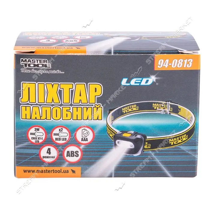 Фонарь налобный Master-Tool 94-0813 4 режима 55x35x40мм CREE XT-E WHITE LED 2xRED LED