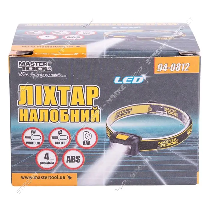 Фонарь налобный Master-Tool 94-0812 4 режима 59x41x32мм WHITE LED плюс 2xRED LED                    