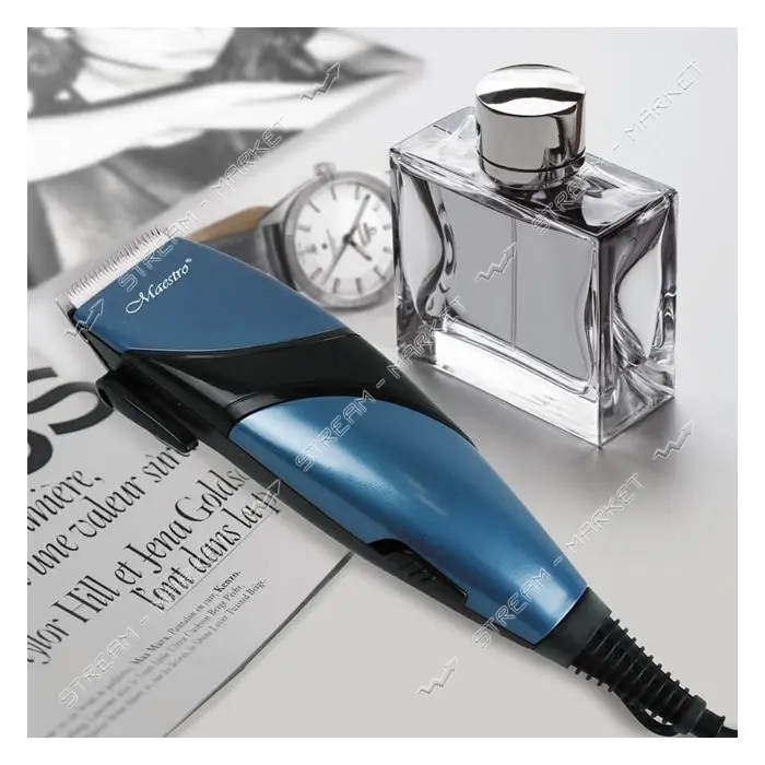 Машинка для стрижки Maestro MR-655C-BLUE 15Вт 4 насадки 3мм 6мм 9мм 12мм лезо кераміка              