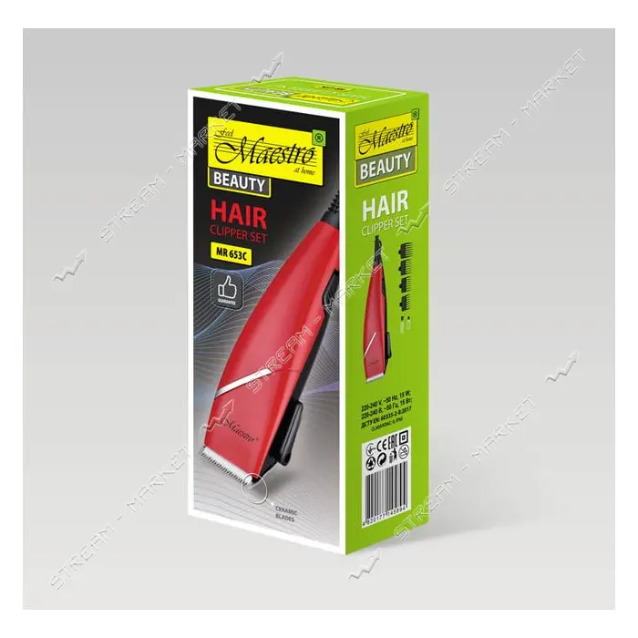 Машинка для стрижки Maestro MR-653C-RED 15Вт 4 насадки 3мм 6мм 9мм 12мм покрытие лезвий керамика