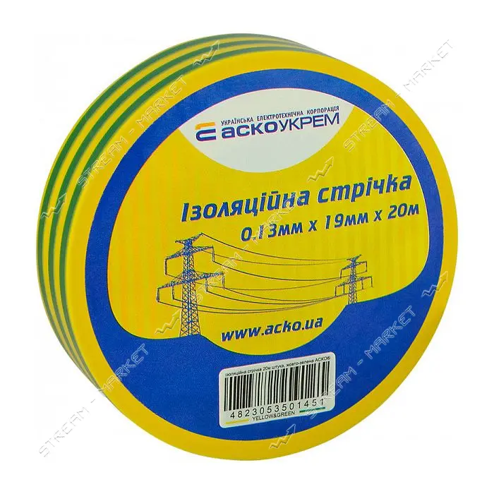 Изолента ПВХ Аcko 19x0.13мм 20м желто-зеленая