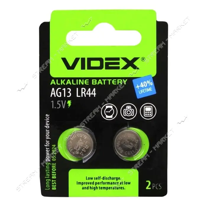 Батарейка Videx часовая щелочная AG13/LR44 на блистере 10 шт круглая