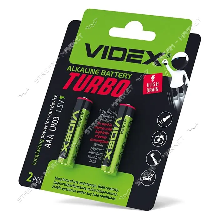 Батарейка Videx Turbo щелочная AАA/LR03 микропальчик блистер 2шт                                    