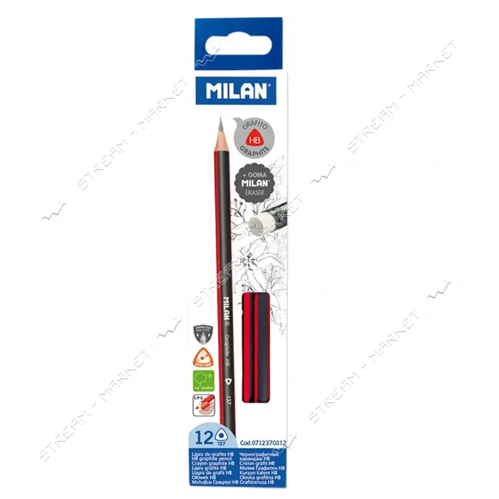 Карандаш Milan 0712370312 НВ чернографитный с ластиком