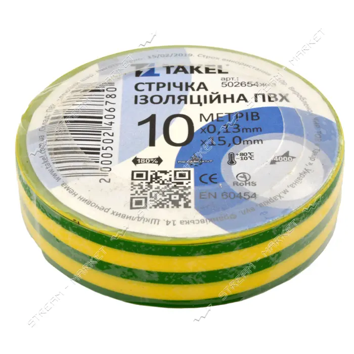 Изолента ПВХ Takel 0.13х15мм 10м желто-зеленая