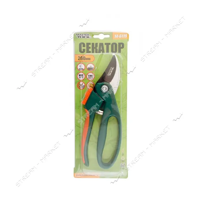 Секатор садовый Master-Tool 14-6119 ручки ABS плюс TPR тефлоновое лезвие Mn65 200мм                 