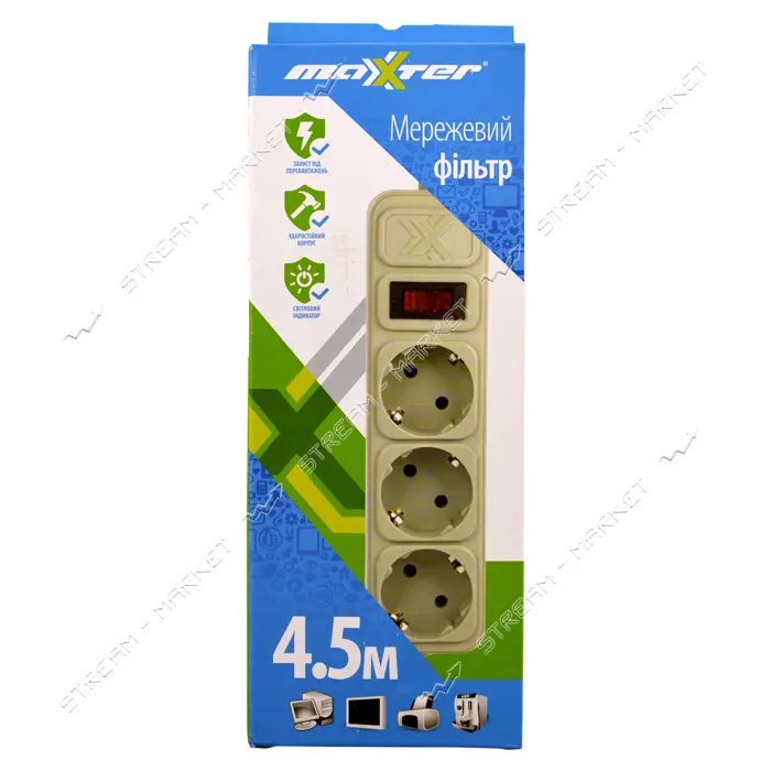 Сетевой фильтр Maxxter 3 гнезда 4.5 м зем/выкл 10А                                                  