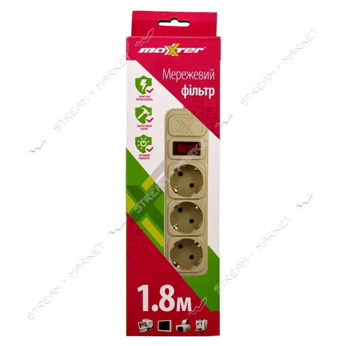 Сетевой фильтр Maxxter 3 гнезда 1.8 м зазем/выкл 10А