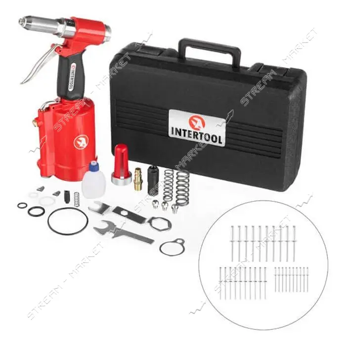 Пистолет заклепочный INTERTOOL PT-1304  пневмо. в чемодане с аксессуарами                           