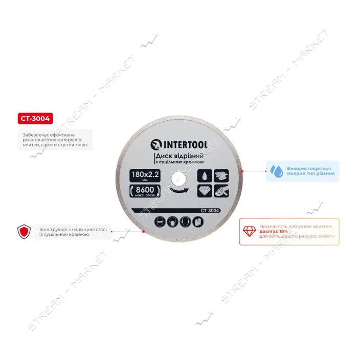 Диск отрезной Intertool CT-3004 алмазный со сплошной кромкой 180 мм 16-18%                          