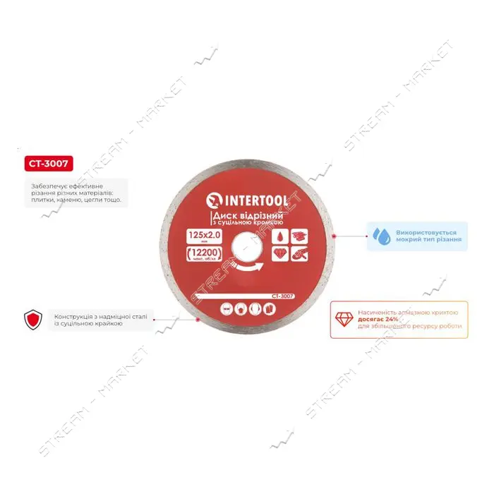 Диск отрезной Intertool CT-3007 алмазный со сплошной кромкой 125мм 22-24%                           
