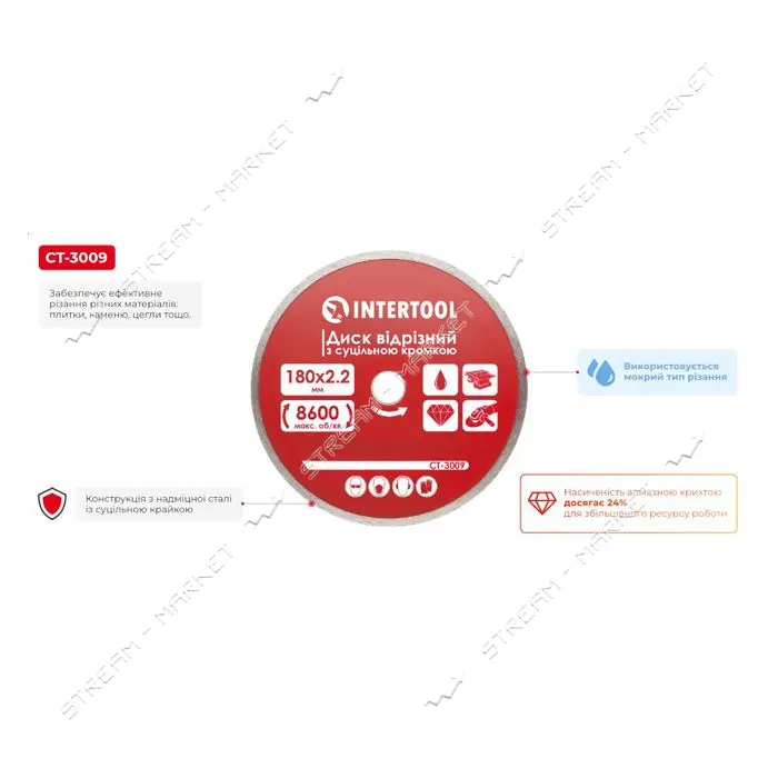 Диск отрезной Intertool CT-3009 алмазный со сплошной кромкой 180мм 22-24%