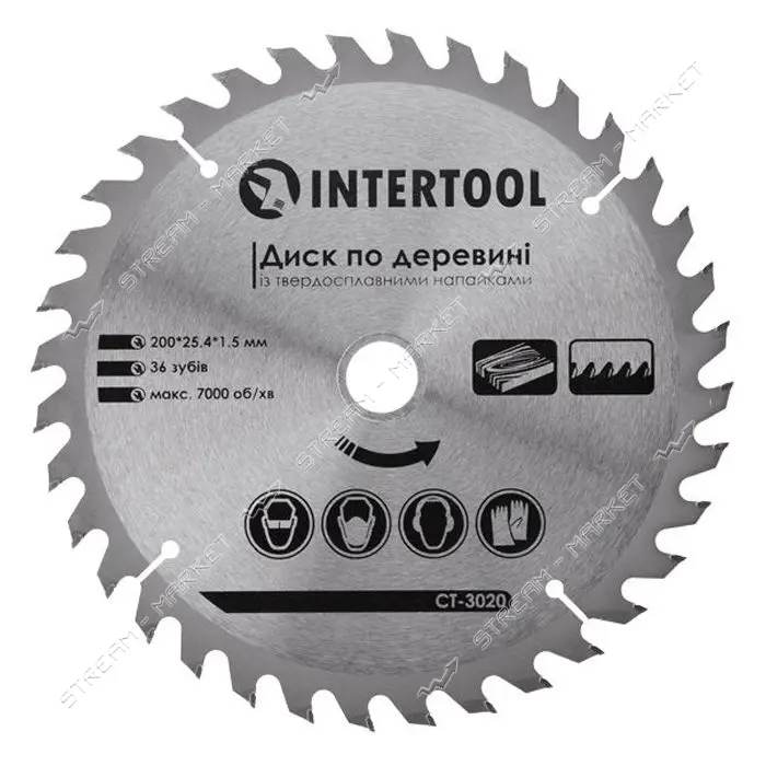 Диск пильный по дереву Intertool CT-3020 с твердосплавными напайками 200х25.4х1.5мм 36 зубьев