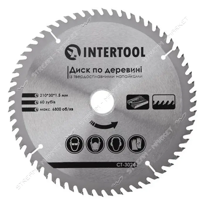 Диск пильный по дереву Intertool CT-3024 с твердосплавными напайками 210х30мм 60 зубьев 6800об/мин