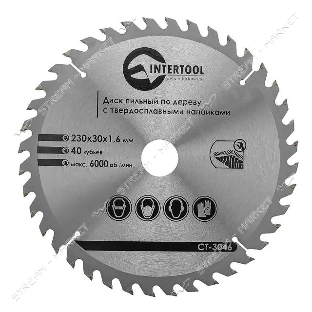 Диск пильный по дереву Intertool CT-3046 с твердосплавными напайками 230х30мм 40 зубьев 6000об/мин  