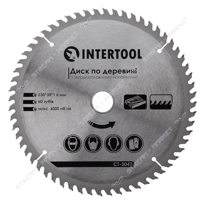 Диск пильный по дереву Intertool CT-3047 с твердосплавными напайками 230х30мм 60 зубьев 6000об/мин