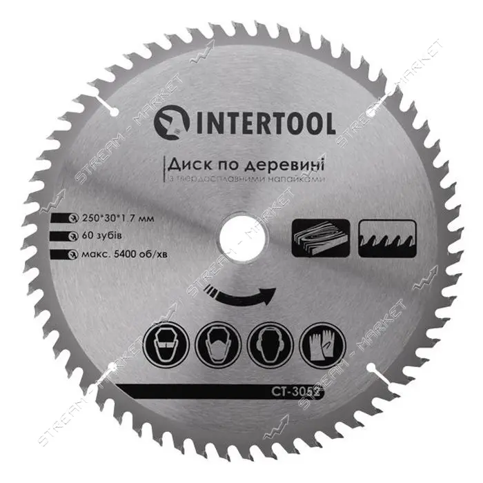 Диск пильный по дереву Intertool CT-3052 с твердосплавными напайками 250х30мм 60 зубьев 5400об/мин