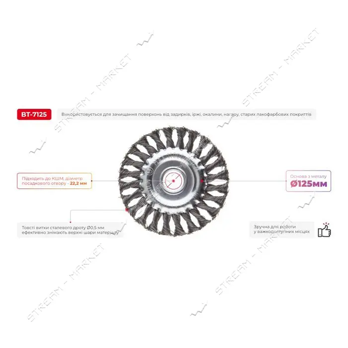 Щетка кольцевая Intertool BT-7125 125x22.2мм пучки витой проволоки                                  