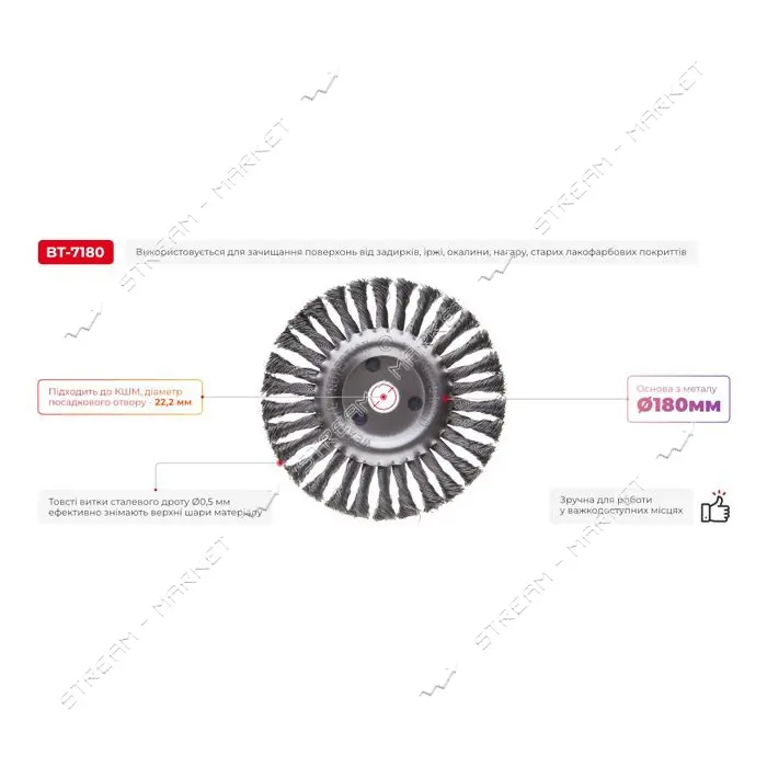 Щетка кольцевая Intertool BT-7180 180x22.2мм пучки витой проволоки                                  