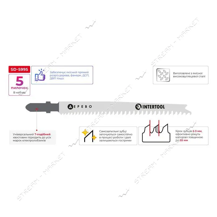 Полотно пильное для лобзика Intertool SD-5995 рабочая длина 90мм по дер.и лам. 5шт                  