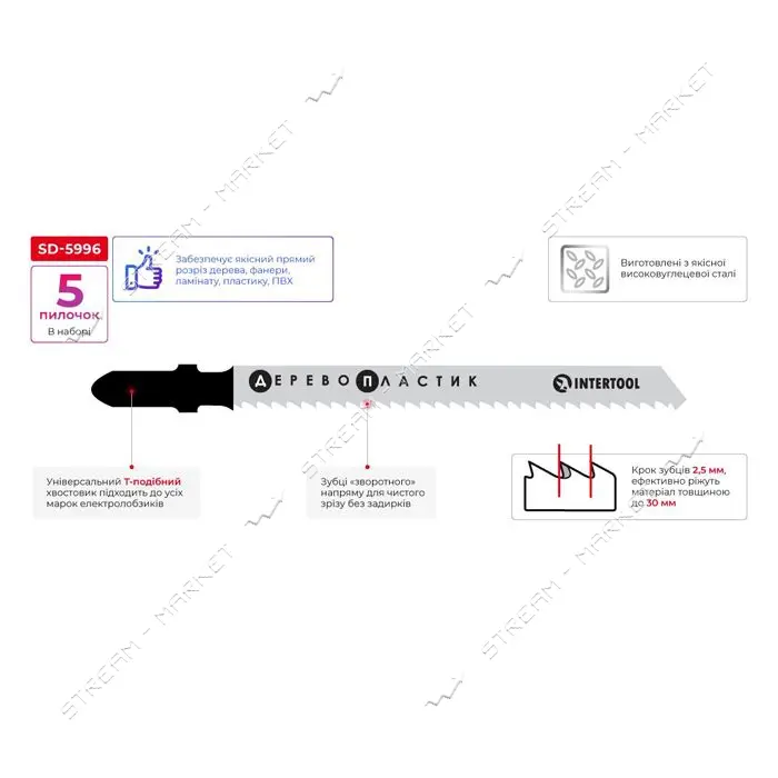 Полотно пильное для лобзика Intertool SD-5996 раб.длина 75мм дер. лам. пласт. 5шт