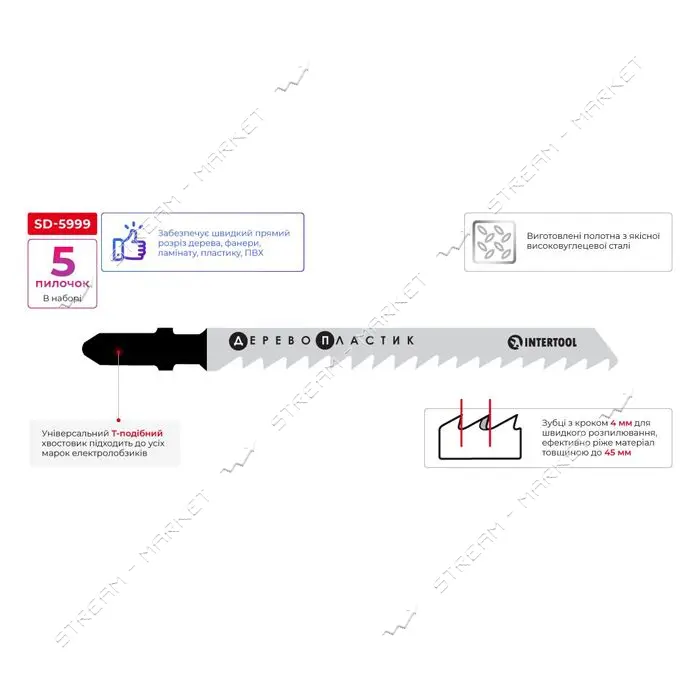 Полотно пильное для лобзика Intertool SD-5999 рабочая длина 75мм по дер. лам. пласт. 5шт