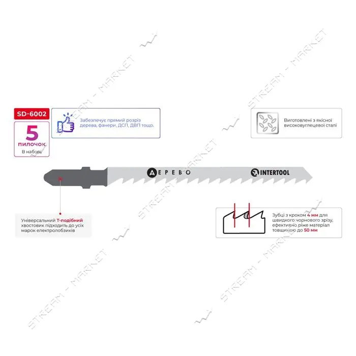 Полотно пильное для лобзика Intertool SD-6002 раб.длина 75мм для раб. лам. изол. мат пласт. 5шт     