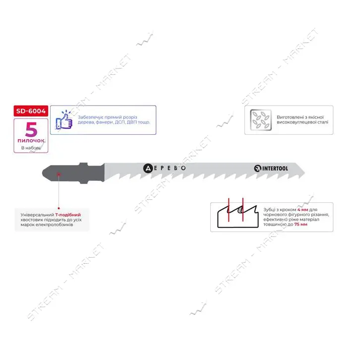 Полотно пильное для лобзика Intertool SD-6004 раб.длина 75мм по дер.и лам. 5шт                      
