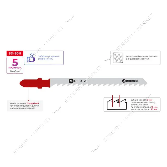 Полотно пильное для лобзика Intertool SD-6011 раб.длина 75мм цвет. метал. и армированным пласт 5шт  