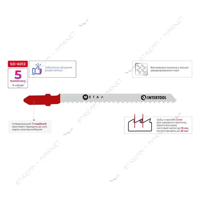 Полотно пильное для лобзика Intertool SD-6012 раб.длина 75мм цвет.метал. и армир-ым пласт 5шт       