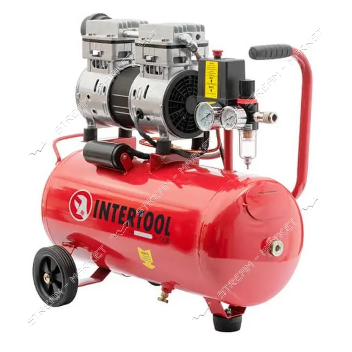 Компрессор Intertool PT-0022 24л 0.75кВт 220В 8атм 145 л/мин малошумный безмасляный 2 цил.          