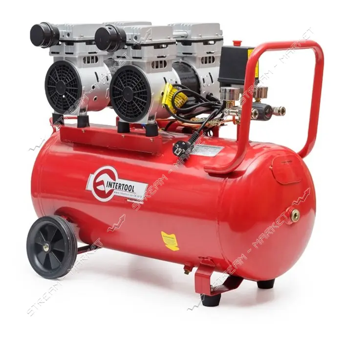 Компрессор Intertool PT-0023 50л 2х0.75кВт 220В 8атм 270л/мин малошумный безмасляный 4 цил.
