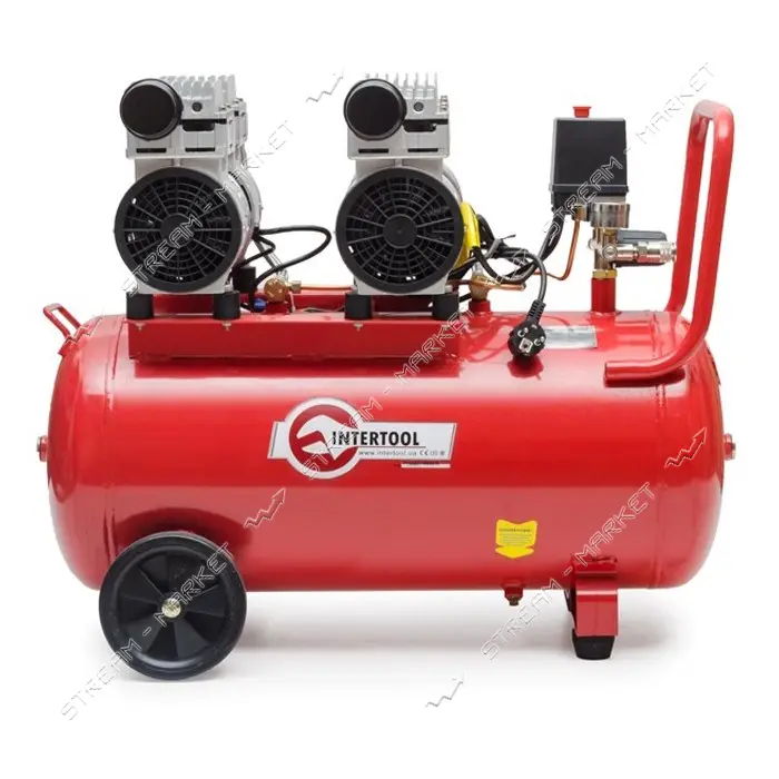 Компрессор Intertool PT-0023 50л 2х0.75кВт 220В 8атм 270л/мин малошумный безмасляный 4 цил.