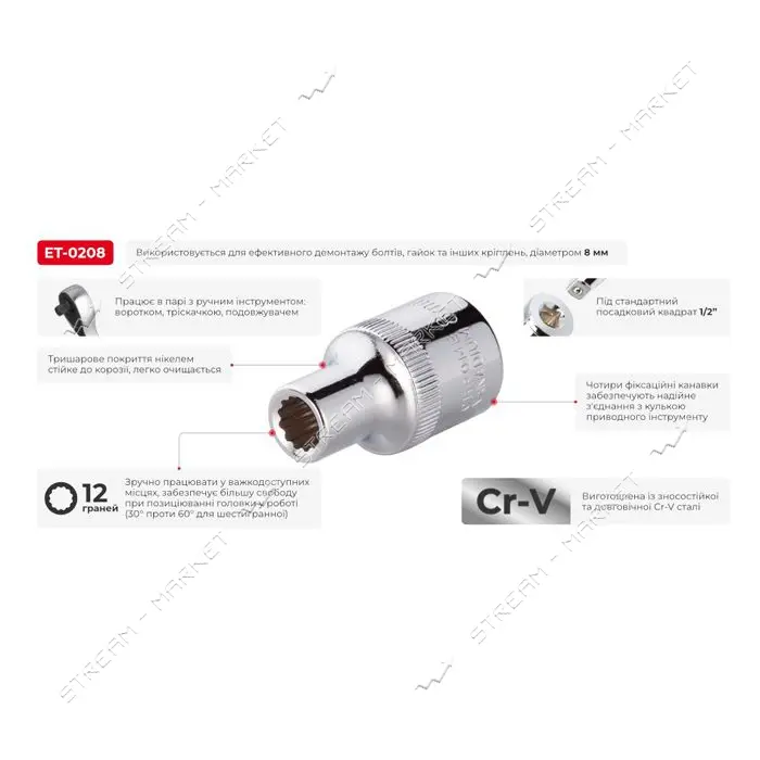 Головка Intertool ET-0208 12гр 1/2" 8мм