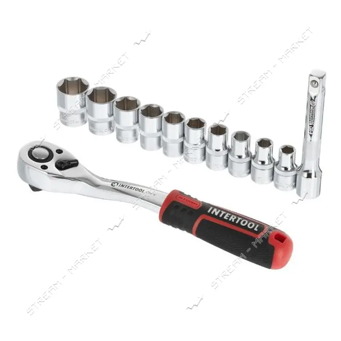 Набор головок Intertool ET-8014 1/2" 10-24мм удлинитель рукоятка с храповым механизмом 72 зуба      