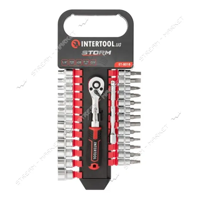 Набор головок Intertool ET-8018 1/4" 4-14мм TORX PH HEX FD удлинитель рукоятка с храп. мех          