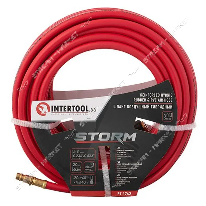 Шланг гибридный профессиональный Intertool PT-1762 20 атм 6x11мм 20м с латун.быстр. соед.Storm